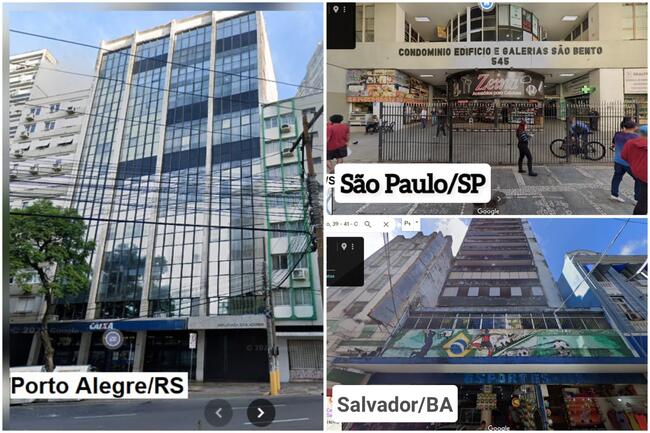 SALÕES no CENTRO-SP e SÍTIO em MIRACATU/SP; CONJ. SALAS no CENTRO-VIÓRIA/ES; CONJ. SALA e 02 VAGAS  em PORTO ALEGRE/RS; TERRENO em MAGÉ/RJ; ANDAR COMERC. em SALVADOR/BA; 13 CHÁCARAS em GOIÂNIA-GO