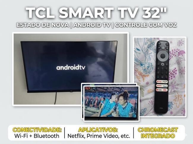 Smart TV 32" TCL Android TV - Completa com Wi-Fi, Bluetooth, Netflix, YouTube e Comando de Voz.