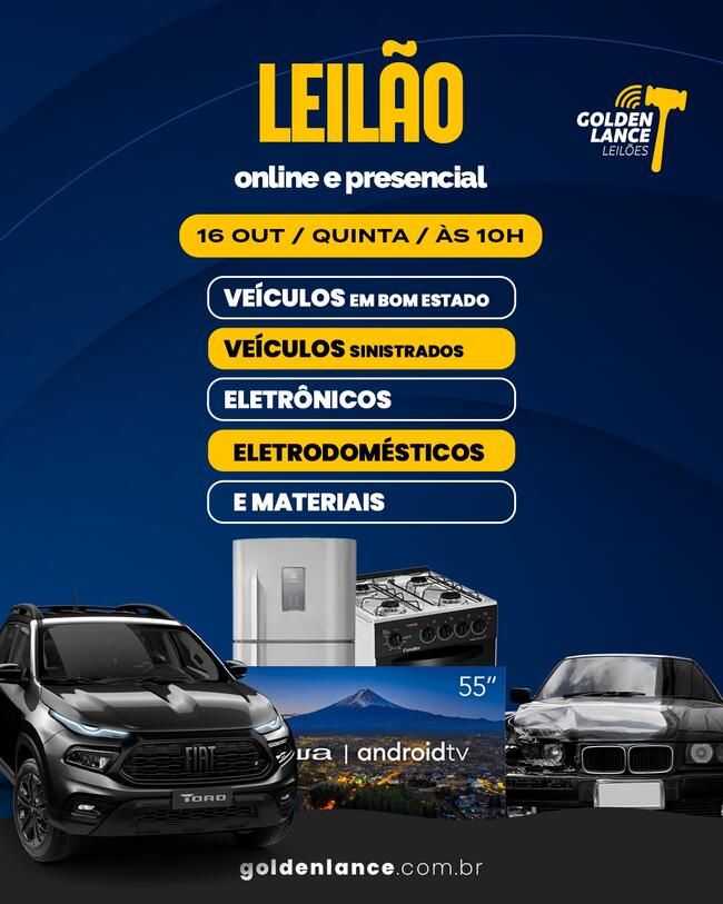 LEILÃO ONLINE E PRESENCIAL DE VEÍCULOS E MATERIAIS