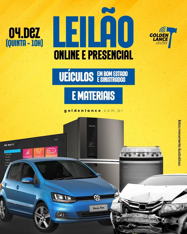 LEILÃO ONLINE E PRESENCIAL DE VEÍCULOS E MATERIAIS