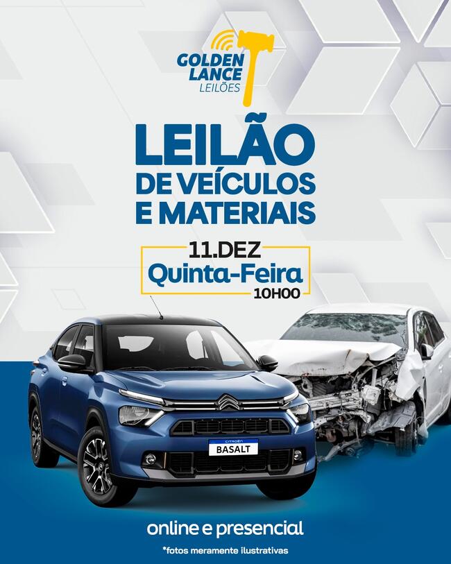 LEILÃO ONLINE E PRESENCIAL DE VEÍCULOS E MATERIAIS