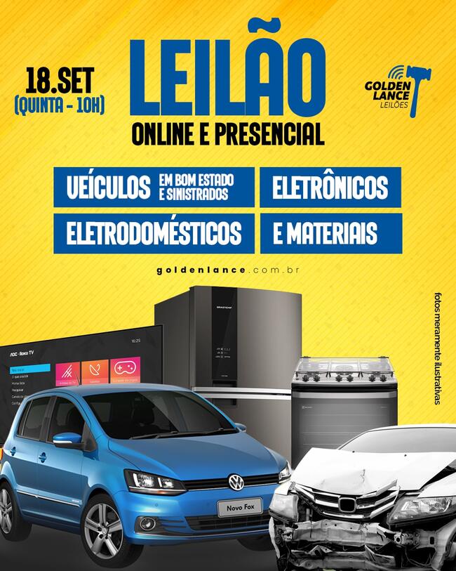 LEILÃO ONLINE E PRESENCIAL DE VEÍCULOS E MATERIAIS