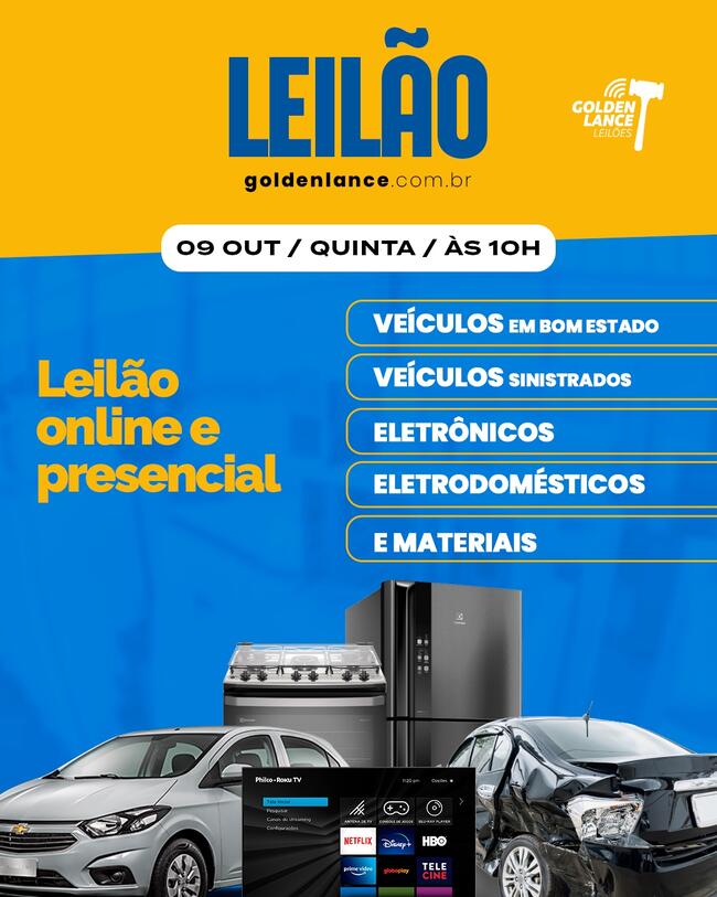 LEILÃO ONLINE E PRESENCIAL DE VEÍCULOS E MATERIAS