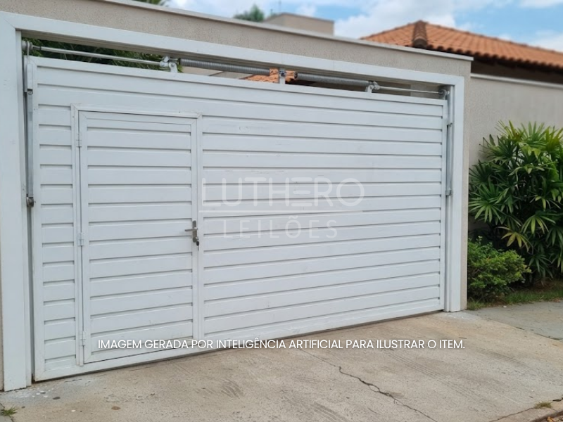 UMA PORTA BASCULANTE EM ALUMÍNIO, com porta social integrada, medindo 3,00m x 2,40m, confeccionada em lambril simples, na cor branca.