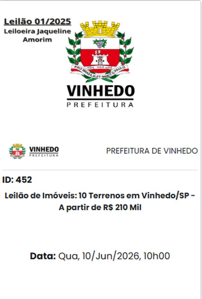 DIVULGAÇÃO - Leilão de Imóveis: 10 Terrenos em Vinhedo/SP - A partir de R$ 210 Mil