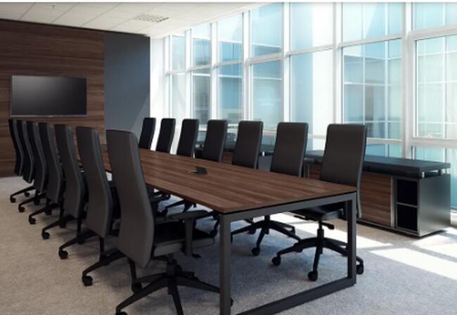 MESA DE REUNIÃO I MED. 5 X 2 I 17 CADEIRAS I ESTOFAMENTO PRETO I BASE FIXA