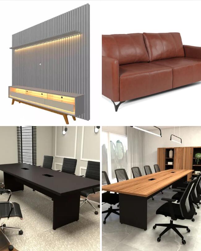 LOTE COM DIVERSOS BENS DE ESCRITÓRIO | MESAS DE REUNIÃO | SOFÁ DE COURO | CADEIRAS EM COURO | RACK COM PAINEL DE MADEIRA