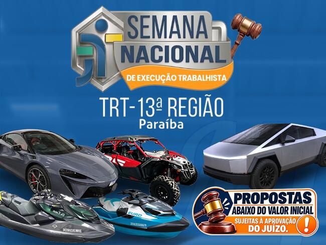 LEILÃO DO TRT13 - VEÍCULO UTV, MOTOS AQUÁTICAS, MCLAREN ARTURA SPIDER e TESLA CYBERTRUCK, IMÓVEIS E MATERIAIS DIVERSOS