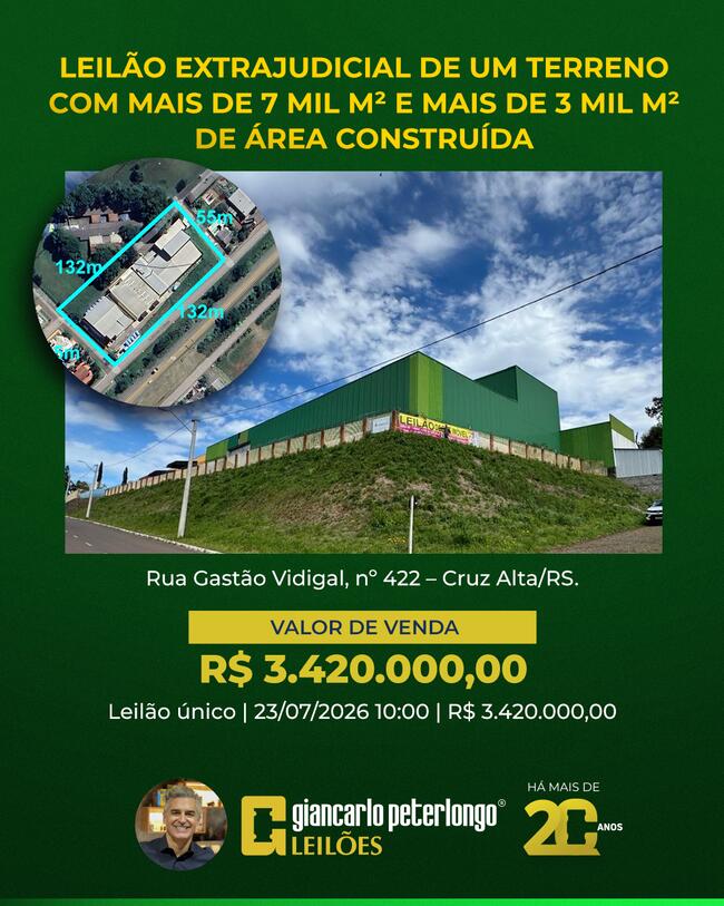 LEILÃO EXTRAJUDICIAL DE UM TERRENO COM MAIS DE 3 MIL M² DE ÁREA CONSTRUÍDA - BADESUL