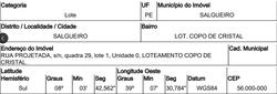Foto de Terreno - Área total: 448 m² - Localizado(a): RUA PROJETADA, N. 00, QD 29, LT 01, , LOTEAMENTO COPO DE CRISTAL - SALGUEIRO/PE - CEP: 56000000 - N° IPTU: 12979 - MATRÍCULA: 8917 - OFICIO: 1
