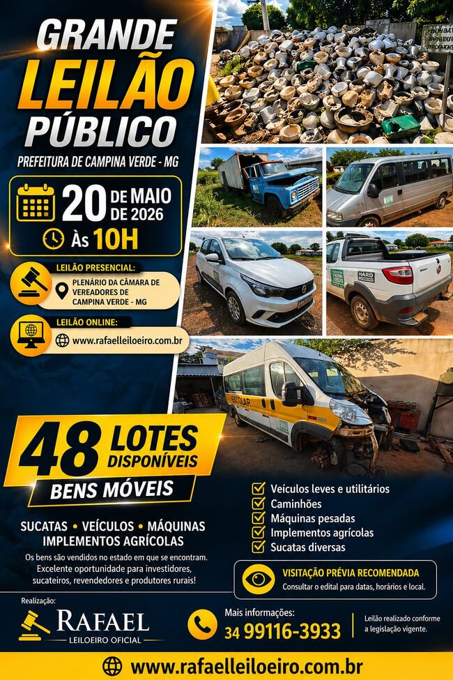 LEILÃO DE BENS MÓVEIS DA PREFEITURA MUNICIPAL DE CAMPINA VERDE-MG - PRESENCIAL E ONLINE