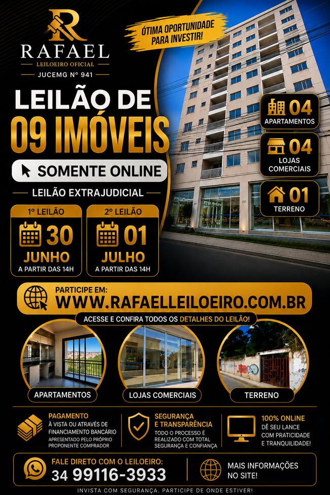 LEILÃO EXTRAJUDICIAL - ALIENAÇÃO FIDUCIARIA DE 09 IMÓVEIS NA CIDADE DE ITAJUBÁ/MG - SOMENTE ONLINE!