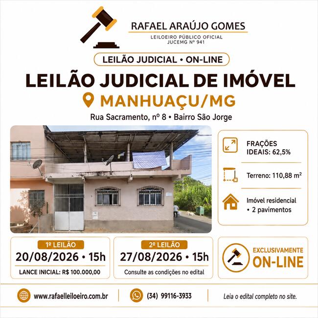 FRAÇÃO DE 50% + 1/8 DE UM IMÓVEL RESIDENCIAL Á RUA SACRAMENTO Nº 8 EM MANHUAÇU-MG - PROCESSO 5007202-82.2023.8.13.0394