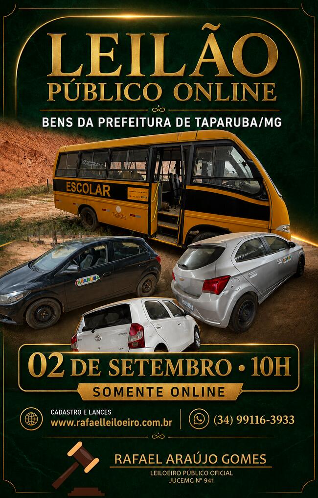 LEILÃO DE BENS MÓVEIS DA PREFEITURA DE TAPARUBA/MG - SOMENTE ONLINE
