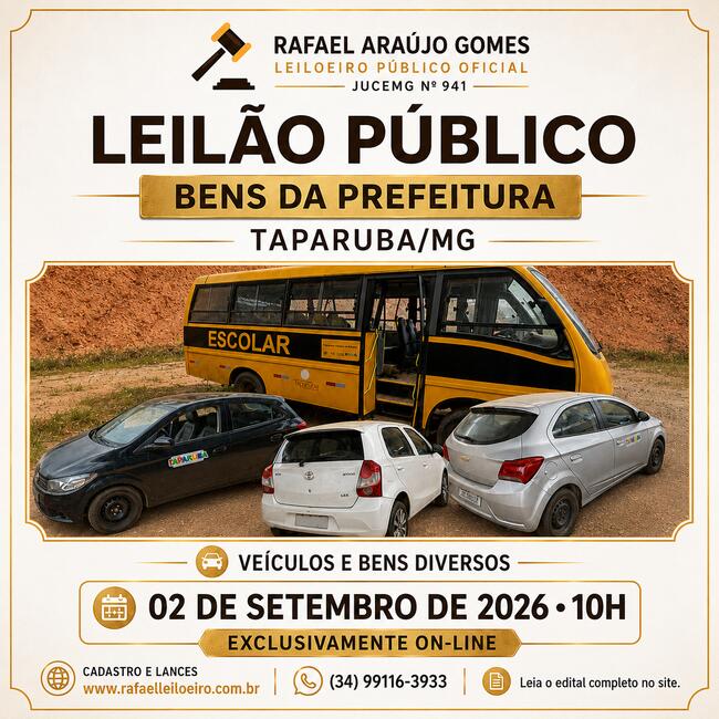 LEILÃO DE BENS MÓVEIS DA PREFEITURA DE TAPARUBA/MG - SOMENTE ONLINE