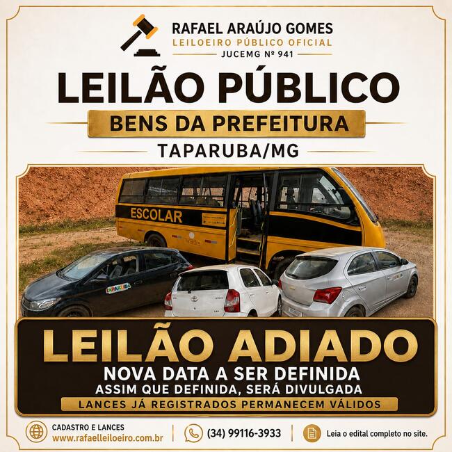 LEILÃO DE BENS MÓVEIS DA PREFEITURA DE TAPARUBA/MG - SOMENTE ONLINE