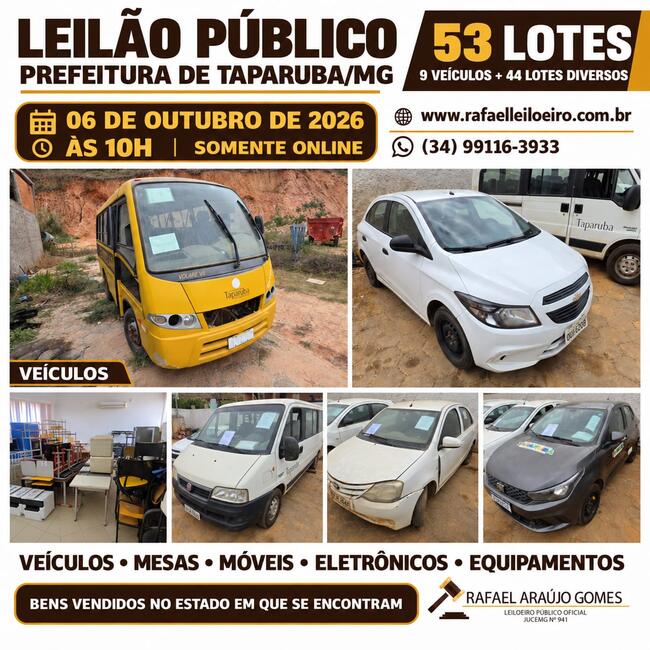 LEILÃO DE BENS MÓVEIS DA PREFEITURA DE TAPARUBA/MG - SOMENTE ONLINE - 06/10/26 10H