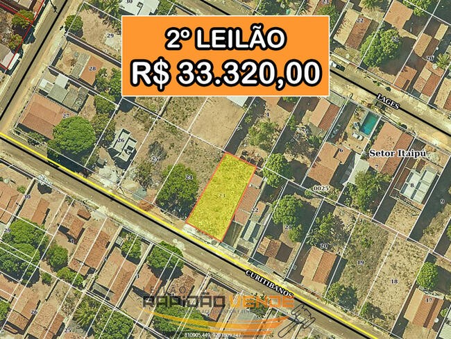 ******* LELÃO 1986-5 ******* 1º VARA CÍVEL DE GUARAÍ-TO. LOTE RESIDENCIAL COM 392M2 LOCALIZADO NO MUNICÍPIO DE ARAGUAÍNA/TO NO RESIDENCIAL ITAIPÚ. **PAGAMENTO PARCELADO** ENTRADA DE 25% + 30 PARCELAS MENSAIS. **R$33.320,00 NO 2º LEILÃO**