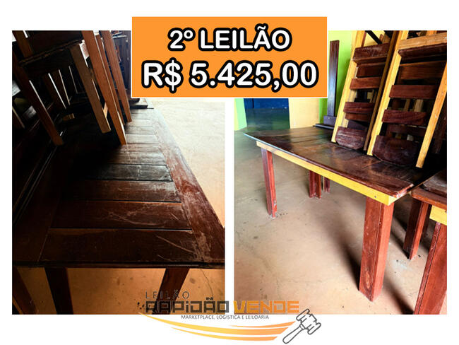 ******** LEILÃO 2372 ******** V. DE PRECATÓRIOS CÍVEIS, CRIMINAIS, FALÊNCIAS E RECUP. JUDICIAIS DE PALMAS.  07 JOGOS DE MESA EM MADEIRA COM 06 CADEIRAS **PAGAMENTO A VISTA** **R$5.425,00 NO 2º LEILÃO**