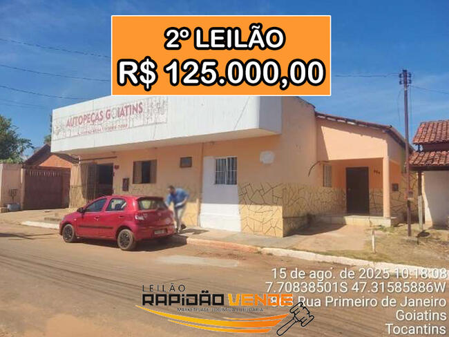 ******* LEILÃO 19101 ******* 1ª V. CÍVEL DE GOIATINS-TO. PRÉDIO COMERCIAL E GALPÃO. LOCALIZADO NO MUNICÍPIO DE GOIATINS-TO.  **PAGAMENTO PARCELADO** ENTRADA DE 25% + 30 PARCELAS MENSAIS.  *R$125.000,00 NO 2º LEILÃO*