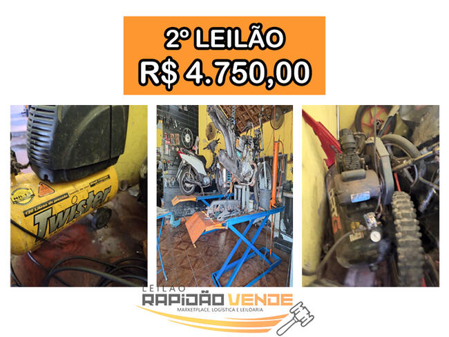 ******* LEILÃO 19116 ******* 1ª VARA DO TRABALHO DE ARAGUAÍNA-TOCANTINS/TO. 02 ELEVADORES PNEUMÁTICOS E 02 COMPRESSORES. LOCALIZADOS EM ARAGUAÍNA/TO. **PAGAMENTO À VISTA ** **R$ 4.750,00 NO 2º LEILÃO**