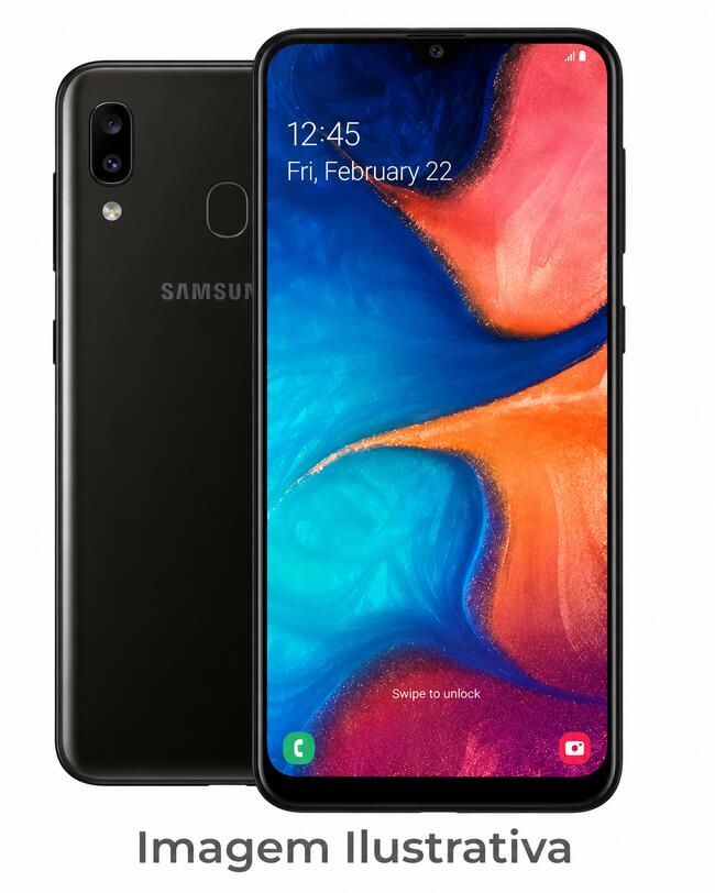 Celular da marca Samsung, modelo A20 5G, cor preta