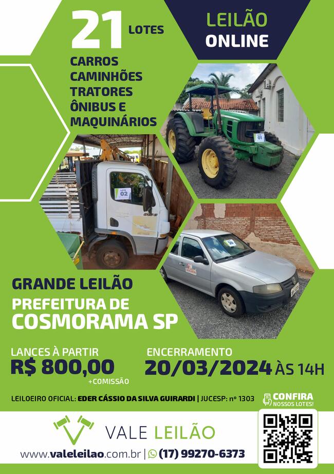 GRANDE LEILÃO DA PREFEITURA DE COSMORAMA - Carros, Caminhões, Tratores, Ônibus e Maquinários