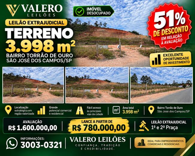 TERRENO DE 3.998M² BAIRRO TORRÃO DE OURO EM SÃO JOSÉ DOS CAMPOS